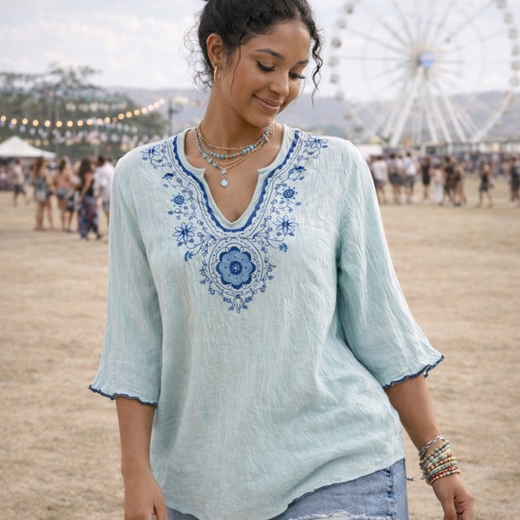Tops - Embroidered Boho Peasant Top | Light Aqua Blue | Floral Detail | Size L